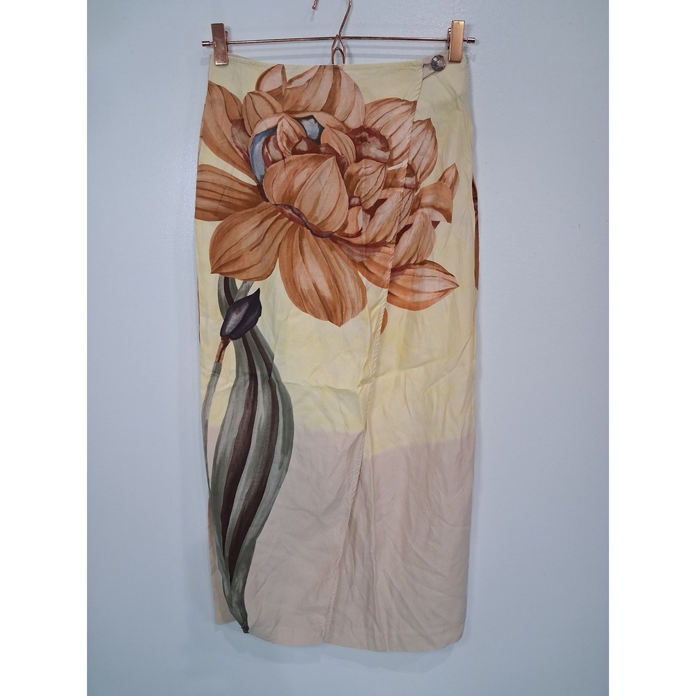 Como Womens Vintage Floral Midi Wrap Skirt Yellow Orange Viscose Rayon Sz 6